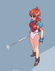 Rule 34 | 1girl, armor, blue gloves, blue headband, boots, breastplate, brown footwear, elf, fingerless gloves, full body, gloves, headband, highleg, highleg leotard, holding, holding sword, holding weapon, jewelry, leotard, long hair, mail (popful mail), noyemik, pauldrons, pointy ears, popful mail, red hair, shoulder armor, simple background, solo, standing, sword, thighs, weapon