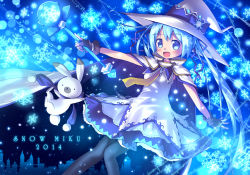 Rule 34 | 10s, 1girl, 2014, aki (akisora hiyori), beamed quavers, blue eyes, blue hair, rabbit, cape, character name, fingerless gloves, flat sign, gloves, hat, hatsune miku, highres, long hair, matching hair/eyes, musical note, open mouth, pantyhose, quaver, scarf, snowflakes, solo, treble clef, very long hair, vocaloid, wand, witch hat, yuki miku, yukine (vocaloid)