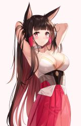 Rule 34 | 1girl, adapted costume, akagi (azur lane), animal ears, armpits, arms behind head, arms up, azur lane, bare shoulders, blush, breasts, brown hair, cleavage, closed mouth, collar, collarbone, commentary request, cowboy shot, eyelashes, fox ears, frown, hakama, hakama skirt, highres, japanese clothes, large breasts, long hair, looking at viewer, multicolored hair, niji (rudduf232), red eyes, red hakama, shirt, simple background, skirt, sleeveless, solo, straight hair, strapless, two-tone hair, very long hair, white background, white shirt
