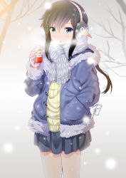 Rule 34 | 10s, 1girl, black hair, can, canned coffee, coat, drink can, earmuffs, failure penguin, fubuki (kancolle), kantai collection, long hair, ponytail, scarf, snow, solo, winter clothes, yamasaki wataru