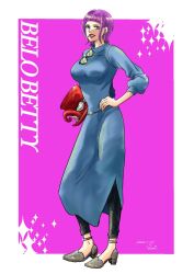 Rule 34 | 1girl, belo betty, blue dress, blue eyes, bob cut, character name, cigarette, commentary request, dated, dress, full body, goggles, goggles on headwear, hanakotoba28, hand on own hip, hat, highres, holding, holding clothes, holding hat, long dress, long sleeves, looking to the side, one piece, pants, purple hair, red hat, red lips, sidelocks, solo, sparkle