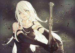 Rule 34 | 1girl, android, armlet, bare shoulders, blue eyes, elbow gloves, fadingz, gloves, holding, holding sword, holding weapon, joints, long hair, looking to the side, mole, mole under mouth, nier (series), nier:automata, robot joints, sword, tank top, weapon, white hair, a2 (nier:automata)