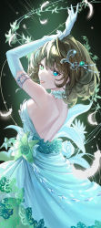 Rule 34 | 1girl, absurdres, arms up, backless dress, backless outfit, bare shoulders, blue eyes, breasts, brown hair, commentary request, dress, elbow gloves, feathers, from side, gloves, green eyes, hair between eyes, hair ornament, haruri, heterochromia, highres, idolmaster, idolmaster cinderella girls, looking at viewer, looking to the side, medium breasts, mole, mole under eye, solo, takagaki kaede, white dress, white feathers, white gloves