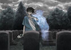 Rule 34 | 2boys, absurdres, black eyes, black hair, closed eyes, expressionless, flower, ghost, grave, grey sky, highres, holding, imminent suicide, jewelry, multiple boys, necklace, original, pale skin, simple bird, sky, tombstone, tree, ueotto
