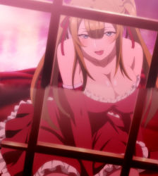 Rule 34 | 1girl, anime screenshot, bare shoulders, blush, breasts, brothel, brown hair, cleavage, collarbone, dress, elbow gloves, frilled dress, frills, gloves, highres, isekai meikyuu de harem wo, large breasts, looking at viewer, prostitution, purple eyes, red dress, red gloves, red light district, screencap, sidelocks, sleeveless, sleeveless dress, stitched, third-party edit, tongue, tongue out, twintails