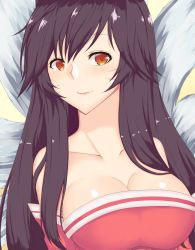 Rule 34 | 1girl, ahri (league of legends), animal ears, bare shoulders, black hair, breasts, cleavage, collarbone, detached sleeves, facial mark, fox ears, fox tail, korean clothes, krenst, large breasts, league of legends, long hair, looking at viewer, multiple tails, solo, tail, whisker markings, yellow eyes