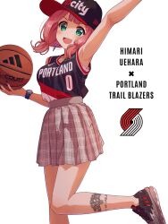 Rule 34 | 1girl, arm up, ball, bang dream!, baseball cap, basketball (object), black footwear, black hat, blush, breasts, green eyes, grey skirt, hat, highres, holding, holding ball, looking at viewer, medium breasts, national basketball association, open mouth, pink hair, portland trail blazers, shoes, simple background, skirt, smile, sneakers, solo, uehara himari, watch, white background, wristwatch, yazawa happyaro