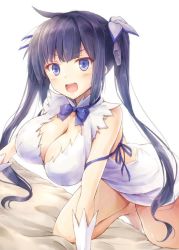 Rule 34 | &gt;:d, 10s, 1girl, :d, all fours, arm ribbon, bare legs, black hair, blue eyes, blue ribbon, breasts, cleavage, cleavage cutout, clothing cutout, dress, dungeon ni deai wo motomeru no wa machigatteiru darou ka, female focus, gloves, hair ribbon, hestia (danmachi), large breasts, long hair, looking at viewer, md5 mismatch, open mouth, rei no himo, resized, ribbon, smile, solo, suien, twintails, v-shaped eyebrows, white dress, white gloves