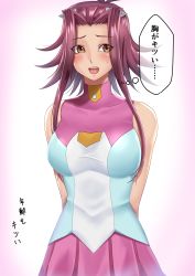 Rule 34 | 1girl, arms behind back, blush, breasts, brown eyes, collarbone, cosplay, embarrassed, gradient background, hair intakes, hair ornament, hairpin, highres, izayoi aki, large breasts, long hair, looking away, mizuki kotori (yu-gi-oh!), mizuki kotori (yu-gi-oh!) (cosplay), muto dt, open mouth, pink background, pink skirt, pleated skirt, red hair, shirt, skirt, sleeveless, sleeveless shirt, solo, standing, sweatdrop, thought bubble, white background, yu-gi-oh!, yu-gi-oh! 5d&#039;s, yu-gi-oh! zexal