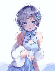 Rule 34 | 1girl, anastasia (idolmaster), armlet, blue eyes, blurry, blurry foreground, breasts, cleavage, cleavage cutout, clothing cutout, dress, earrings, eyelashes, hair ornament, highres, idolmaster, idolmaster cinderella girls, jewelry, lois lion, looking at viewer, open mouth, sash, short hair, silver hair, simple background, sleeveless, sleeveless dress, small breasts, snowflakes, solo, standing, white background, white dress