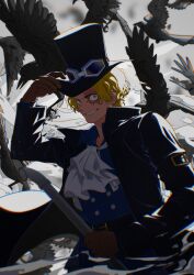 Rule 34 | 1boy, adjusting clothes, adjusting headwear, ascot, bird, blonde hair, cowboy shot, crow, gloves, goggles, goggles on headwear, hat, highres, lead pipe, long sleeves, looking at viewer, male focus, mygiorni, one piece, sabo (one piece), scar, scar on face, shirt, short hair, smile, solo, too many, too many birds, top hat, white ascot