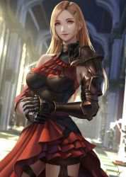 Rule 34 | 1girl, warrior of light (ff14), bare shoulders, blonde hair, blurry, blurry background, breasts, commentary, commission, cowboy shot, english commentary, final fantasy, final fantasy xiv, frills, gauntlets, hair ornament, hairclip, highres, large breasts, long hair, looking at viewer, nibelart, smile, solo, yellow eyes