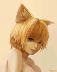 Rule 34 | 1girl, animal ears, artist name, blonde hair, breasts, cleavage, fox ears, highres, large breasts, lips, looking at viewer, mag (huangmag), nude, out-of-frame censoring, short hair, signature, simple background, slit pupils, smile, solo, touhou, upper body, yakumo ran