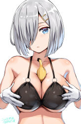 Rule 34 | 1girl, banana, belko, between breasts, bikini, black bikini, blue eyes, breasts, cleavage, food, fruit, gloves, grabbing, grabbing own breast, grey hair, hair ornament, hamakaze (kancolle), highres, kantai collection, large breasts, looking at viewer, one eye covered, short hair, solo, swimsuit, upper body, white gloves