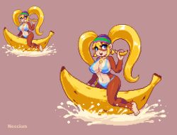 Rule 34 | 1girl, artist name, banana, beanie, bikini, blonde hair, blue eyes, breasts, cleavage, donkey kong (series), donkey kong 64, feet, food, fruit, furry, hat, jewelry, large breasts, long hair, monkey, monkey girl, navel, necklace, nintendo, noscium, pixel art, shiny skin, smile, swimsuit, thighs, tiny kong, toes, twintails