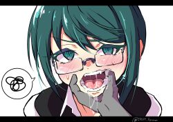 Rule 34 | 1girl, absurdres, blush, dripping, fangs, glasses, green hair, highres, holding, invidia, invy forever, looking at viewer, magicami, open mouth, saliva, short hair