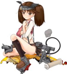 Rule 34 | 10s, 1girl, brown eyes, brown hair, burnt, covering privates, covering chest, flat chest, frown, full body, japanese clothes, kantai collection, kneeling, kuuro kuro, long hair, lowres, magatama, miniskirt, navel, official art, on one knee, pleated skirt, ryuujou (kancolle), ryuujou kai ni (kancolle), scroll, skirt, smoke, socks, solo, suspenders, torn, torn clothes, transparent background, twintails, visor cap