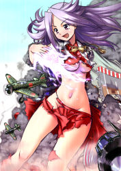 Rule 34 | 10s, 1girl, aoi rando, blush, breasts, groin, jun&#039;you (kancolle), kantai collection, long hair, navel, open mouth, personification, purple eyes, purple hair, skirt, smile, solo, torn clothes, underboob
