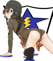 Rule 34 | 1girl, adapted costume, all fours, alternate color school swimsuit, alternate costume, ass, black footwear, black headwear, boots, braid, braided ponytail, brown eyes, brown hair, brown one-piece swimsuit, closed mouth, emblem, from behind, frown, girls und panzer, helmet, legs, long hair, long sleeves, looking at viewer, looking back, one-piece swimsuit, rukuriri (girls und panzer), rukuriritea, saunders (emblem), saunders military uniform, school swimsuit, single braid, solo, star (symbol), swimsuit, tank helmet, white background