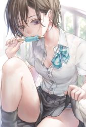 Rule 34 | 1girl, blurry, blurry background, bra, brown eyes, brown hair, clothes lift, earrings, food, jewelry, lifted by self, lma, original, panties, popsicle, school uniform, short hair, sitting, skirt, skirt lift, solo, unbuttoned, unbuttoned shirt, underwear