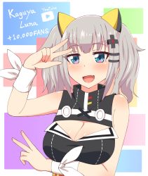 Rule 34 | 1girl, :d, bad id, bad pixiv id, bare shoulders, black dress, blue eyes, blush, breast hold, breasts, character name, cleavage, cleavage cutout, clothing cutout, double v, dress, eyebrows, eyelashes, eyes visible through hair, fang, fingernails, grey hair, hair ornament, hairclip, highres, kaguya luna, large breasts, lips, long hair, multicolored background, multicolored eyes, nyaroon, obi, open mouth, palms, pink eyes, pink lips, ribbon, sash, sleeveless, sleeveless dress, smile, solo, the moon studio, tongue, tsurime, turtleneck, twintails, v, virtual youtuber, white ribbon, wrist ribbon, wristband, x hair ornament, youtube