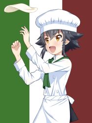 Rule 34 | &gt;:d, 10s, 1girl, :d, apron, black skirt, blush, braid, brown eyes, buttons, chef hat, commentary request, cowboy shot, double-breasted, dough, flag background, flipped hair, food, girls und panzer, hair tie, hat, highres, italian flag, long sleeves, open mouth, pepperoni (girls und panzer), ruka (piyopiyopu), shirt, short hair, single braid, skirt, smile, solo, standing, striped, striped background, tossing, v-shaped eyebrows, vertical stripes, waist apron, white apron, white hat, white shirt