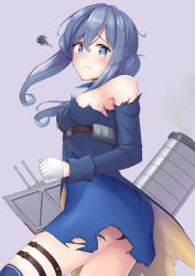 Rule 34 | 1girl, akahi242, bare shoulders, black panties, blue eyes, blue hair, blush, breasts, cowboy shot, from side, frown, gloves, gotland (kancolle), hair bun, half gloves, highres, kantai collection, long hair, long sleeves, looking at viewer, medium breasts, military, military uniform, mole, mole under eye, panties, simple background, single hair bun, smokestack, solo, torn clothes, underwear, uniform, white gloves