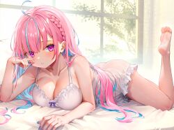 Rule 34 | 1girl, absurdres, ahoge, annmitsu114, ass, bare shoulders, barefoot, bed sheet, blue hair, blue nails, blush, bow, braid, breasts, cleavage, collarbone, colored inner hair, dress, feet, foot out of frame, frills, highres, hololive, indoors, large breasts, legs, long hair, looking at viewer, lying, minato aqua, multicolored hair, nail polish, on bed, on stomach, pink hair, purple eyes, soles, solo, streaked hair, the pose, thighs, toes, two-tone hair, very long hair, virtual youtuber, white dress