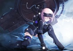 Rule 34 | 1girl, arm support, armor, armored leotard, black armor, black leotard, black thighhighs, covered eyes, electricity, fate/grand order, fate (series), hair over one eye, head-mounted display, holding, holding shield, leotard, looking away, mash kyrielight, mash kyrielight (ortenaus), on one knee, parted lips, pink hair, shield, short hair, solo, superhero landing, thighhighs, yunar