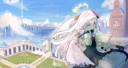 1girl absurdres azusa_(blue_archive) black_dress blue_archive building cityscape clock clock_tower cloud day dress flower fountain gun hair_flower hair_ornament halo highres holding holding_gun holding_weapon long_sleeves outdoors purple_eyes skyscraper solo tower weapon white_hair white_wings wings ymyoat