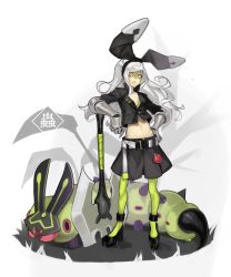 Rule 34 | 1girl, absurdres, animal, axe, balance (superdust), battle axe, belt, black bow, black footwear, black jacket, black skirt, bow, bow hairband, bra, caterpillar, commentary, full body, gauntlets, green bra, green eyes, green pantyhose, grey background, hair bow, hairband, highres, jacket, leaning on weapon, long hair, midriff, navel, no shirt, open mouth, original, oversized animal, pantyhose, skirt, solo, standing, suit jacket, thigh strap, underwear, weapon, white background, white hair