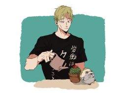 Rule 34 | 1boy, aqua background, black eyes, black shirt, blonde hair, cactus, character doll, closed mouth, commentary request, jujutsu kaisen, looking at object, male focus, mimaru (mimaruramim), nanami kento, plant, potted plant, shirt, short hair, solo, t-shirt, translation request, upper body, watering, watering can, white background