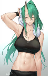 Rule 34 | 1girl, arknights, artist name, black shorts, black sports bra, black wristband, breasts, cleavage, cokuto1, collarbone, drying, green hair, hair between eyes, half-closed eyes, highres, hoshiguma (arknights), large breasts, long hair, looking at viewer, midriff, navel, parted lips, ponytail, shorts, sidelocks, simple background, solo, sports bra, strapless, sweat, upper body, white background, yellow eyes