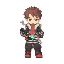 Rule 34 | 1boy, armored boots, black gloves, black jumpsuit, black pants, boots, brown eyes, brown hair, chibi, full body, gloves, grin, hand on own hip, holding, jumpsuit, long sleeves, looking at viewer, male focus, mechanic (ragnarok online), official art, open jumpsuit, open mouth, orange shirt, pants, pouch, ragnarok online, screw, shirt, short bangs, short hair, simple background, smile, solo, standing, tachi-e, transparent background, yuichirou
