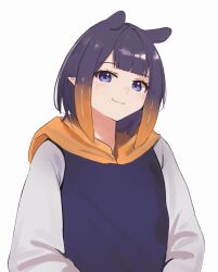 Rule 34 | 1girl, :3, blue hoodie, blunt bangs, blush, commentary, highres, hololive, hololive english, hood, hood down, hoodie, ku roiko, looking at viewer, medium hair, mole, mole under eye, multicolored clothes, multicolored hair, ninomae ina&#039;nis, orange hair, orange hood, pointy ears, purple hair, simple background, solo, tentacle hair, two-tone hair, upper body, virtual youtuber, white background