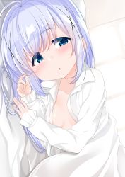 Rule 34 | 1girl, bed sheet, blue eyes, blue hair, blush, breasts, cacao (chocolat), collarbone, collared shirt, commentary request, day, dress shirt, dutch angle, gochuumon wa usagi desu ka?, hair between eyes, hand up, highres, indoors, kafuu chino, long hair, long sleeves, looking at viewer, lying, naked shirt, on side, open clothes, open shirt, parted lips, shirt, sleeves past wrists, small breasts, solo, sunlight, white shirt, window