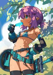 Rule 34 | 1girl, @ @, absurdres, armor, belt, bikini armor, blue eyes, blue sky, breasts, commentary, dappled sunlight, detached sleeves, elf, english commentary, fantasy, food, gauntlets, green eyes, greentanuki, hair between eyes, hand on own hip, highres, multicolored hair, navel, original, outdoors, oversized belt, oversized breast cup, oversized clothes, pink hair, pointy ears, ponytail, popsicle, scabbard, sheath, shield, sidelocks, sky, small breasts, solo, strap gap, sunlight, sweat, sweatdrop, sword, thighhighs, weapon