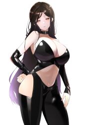 Rule 34 | 1girl, absurdres, bare shoulders, black choker, black hair, black pants, breasts, choker, cleavage, clothing cutout, commentary request, cowboy shot, detached sleeves, gradient hair, hand on own hip, head tilt, highres, hip vent, large breasts, leggings, long hair, looking at viewer, multicolored hair, navel, nijisanji, orange eyes, pants, parted lips, purple hair, shirayuki tomoe, simple background, solo, standing, stomach, stomach cutout, strapless, tchai covsky, thighs, very long hair, virtual youtuber, white background