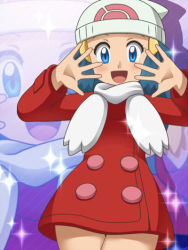 Rule 34 | 1girl, anime coloring, awa, beanie, blue eyes, blue hair, coat, creatures (company), dawn (pokemon), game freak, hat, matching hair/eyes, nintendo, official style, pokemon, pokemon (anime), pokemon dppt (anime), scarf, solo, sparkle, white hat, zoom layer