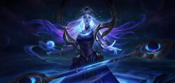 Rule 34 | 1girl, artist request, blue dress, blue eyes, blue eyeshadow, blue hair, bracelet, breasts, colored skin, cosmic lux, cropped, dress, dust, eyeshadow, floating hair, gradient background, grey hair, hair ornament, highres, in orbit, jewelry, large breasts, league of legends, light, long hair, looking at viewer, lux (league of legends), magic, makeup, mole, mole under eye, object floating above hand, outstretched arm, parted bangs, parted lips, planet, rock, sky, sleeveless, sleeveless dress, solo, space, standing, star (sky), starry sky, third-party edit, third-party source, wand, zsanyang