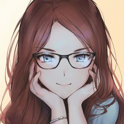 Rule 34 | 1girl, blue eyes, blue shirt, bracelet, brown hair, commentary, commission, english commentary, glasses, hands on own cheeks, hands on own face, head rest, jewelry, long hair, looking at viewer, nail polish, original, pink lips, pink nails, portrait, shirt, smile, solo, sunako (veera)