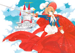 Rule 34 | 1girl, absurdres, brown hair, cape, cardcaptor sakura, castle, child, clamp (circle), cloud, cloudy sky, green eyes, hat, highres, holding, holding sword, holding weapon, kinomoto sakura, official alternate costume, official art, red cape, scan, short hair, sky, solo, standing, sword, weapon