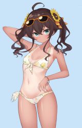 Rule 34 | 1girl, absurdres, ahoge, anklet, arm behind head, arm up, armpits, bare arms, bare shoulders, bikini, blush, bracelet, breasts, brown hair, cat earrings, cleavage, closed mouth, collarbone, cowboy shot, earrings, eyelashes, eyewear on head, fingernails, flower, front-tie bikini top, front-tie top, green eyes, groin, hair between eyes, hair flower, hair ornament, hair ribbon, halterneck, higashigure, highres, hololive, jewelry, legs apart, long hair, looking at viewer, midriff, nail polish, natsuiro matsuri, natsuiro matsuri (summer 2020), navel, one-piece tan, red nails, ribbon, side-tie bikini bottom, sidelocks, small breasts, smile, solo, standing, stomach, sunflower, sunglasses, swimsuit, tan, tanline, twintails, virtual youtuber, yellow bikini, yellow ribbon