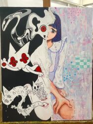 Rule 34 | 000v666, 1girl, abstract background, absurdres, black background, blue dress, blue hair, blunt bangs, cat, closed mouth, creature, cuts, dark blue hair, distortion, dress, emoticon, full body, hand on own leg, highres, injury, kaomoji, long sleeves, looking at viewer, open mouth, original, painting (medium), pinafore dress, red eyes, self-harm, shirt, sitting, sleeveless, sleeveless dress, solo, sparkle, spiral, split theme, straight hair, surreal, traditional media, white shirt