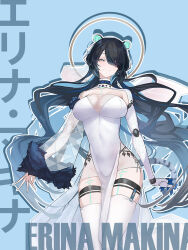 Rule 34 | 1girl, animal ears, asymmetrical arms, black hair, blue background, blue eyes, blue hair, breasts, character name, cleavage, dress, erina makina, fur armlet, hair over one eye, halo, highres, large breasts, long hair, mechanical arms, mins (minevi), multicolored hair, official art, pelvic curtain, phase connect, second-party source, see-through, see-through cleavage, shadow, single mechanical arm, streaked hair, tail, thighhighs, virtual youtuber, white dress, white thighhighs