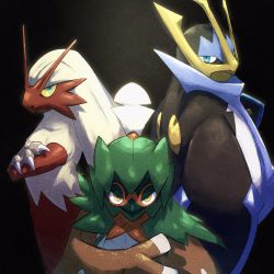 Rule 34 | blaziken, blue eyes, claws, closed mouth, colored sclera, creatures (company), crossed arms, decidueye, empoleon, frown, game freak, gen 3 pokemon, gen 4 pokemon, gen 7 pokemon, highres, looking at viewer, nintendo, no humans, pkpokopoko3, pokemon, pokemon (creature), red pupils, yellow eyes, yellow sclera