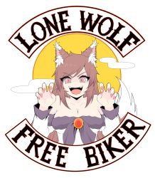 Rule 34 | 1girl, animal ears, breasts, brooch, brown hair, cleavage, cube85, dress, fangs, fingernails, full moon, highres, imaizumi kagerou, jewelry, large breasts, long fingernails, long hair, looking at viewer, moon, motor vehicle, motorcycle, nail polish, off-shoulder dress, off-shoulder shirt, off shoulder, open mouth, red eyes, shirt, solo, tail, touhou, wolf ears, wolf tail