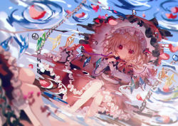 Rule 34 | 1girl, adapted costume, black bow, black neckwear, blonde hair, blue sky, blurry, bow, brooch, chain, crystal, depth of field, flandre scarlet, frilled skirt, frilled sleeves, frills, hair ribbon, hat, holding, holding umbrella, jewelry, layered sleeves, long sleeves, mob cap, one side up, parasol, petals, petals on liquid, puffy short sleeves, puffy sleeves, red eyes, red ribbon, red skirt, red vest, reflection, ribbon, ripples, shirt, short hair, short over long sleeves, short sleeves, side ponytail, sitting, skirt, skirt set, sky, smile, solo, swing, touhou, umbrella, vest, water surface, white hat, white shirt, wings, yasato