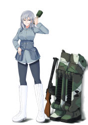 Rule 34 | 1girl, absurdres, aurora e. juutilainen, belt pouch, black leggings, breast pocket, explosive, grenade, grey eyes, grey hair, grey jacket, gun, hair between eyes, hand on own hip, highres, isosceles triangle (xyzxyzxyz), jacket, leggings, long hair, mouth hold, pocket, pouch, sidelocks, smile, solo, standing, stielhandgranate, strike witches: aurora no majo, striker unit, submachine gun, suomi kp/-31, weapon, weapon request, white footwear, world witches series
