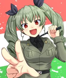 Rule 34 | 1girl, anchovy (girls und panzer), anzio military uniform, beni (bluebluesky), black ribbon, blush, breasts, cowboy shot, drill hair, girls und panzer, green hair, highres, italian flag, looking at viewer, medium breasts, red eyes, ribbon, solo, twin drills, twintails, v